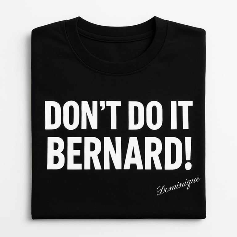 Black t-shirt with white text reading DONT DO IT BERNARD! and a signature, folded and displayed on light background